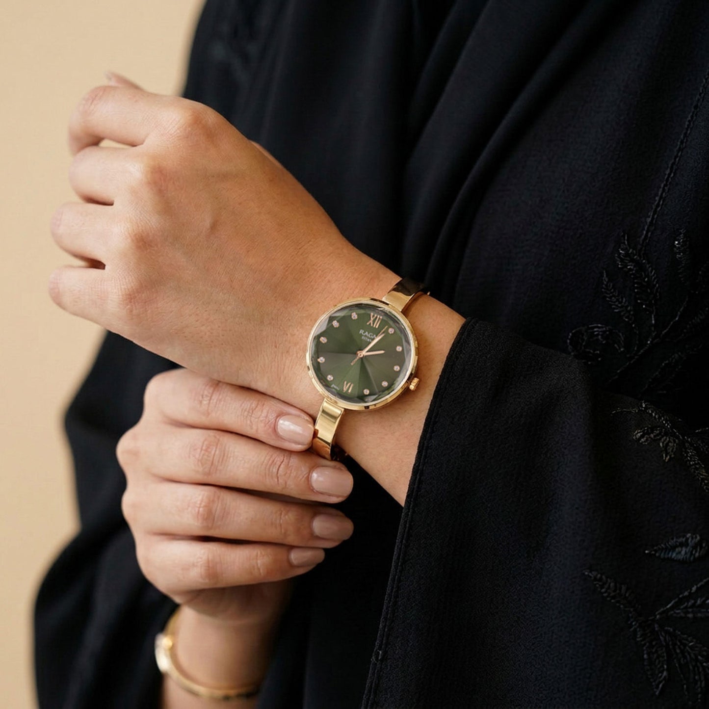 Titan Raga Showstopper Green Dial Gold Metal Strap Watch for Women