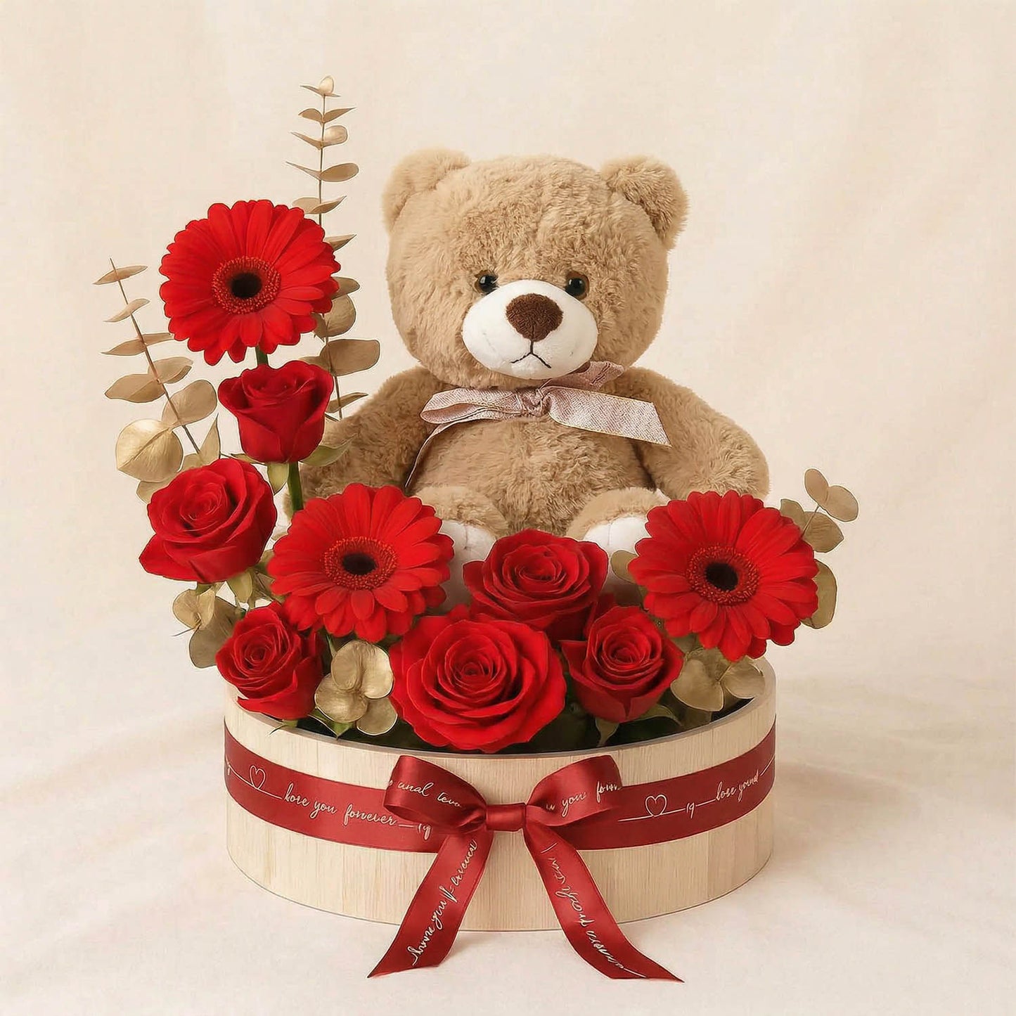 Sweet Teddy Bear Red Flower Basket