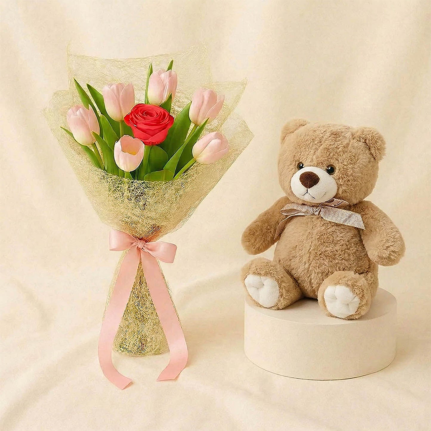 Red Rose n Tulip Bouquet With Teddy Bear