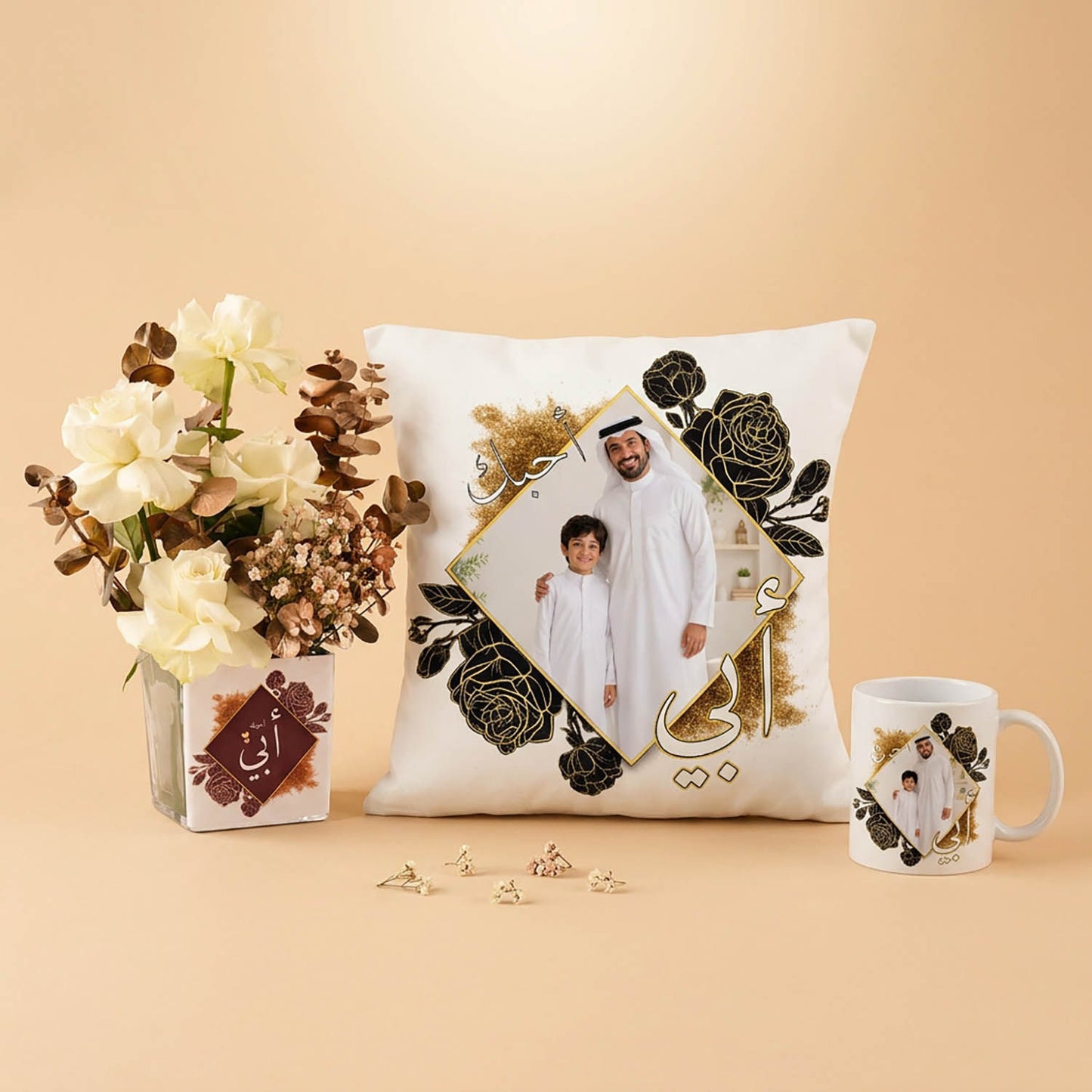 Personalized Pillow Gift with Mug and Elegant Flowers