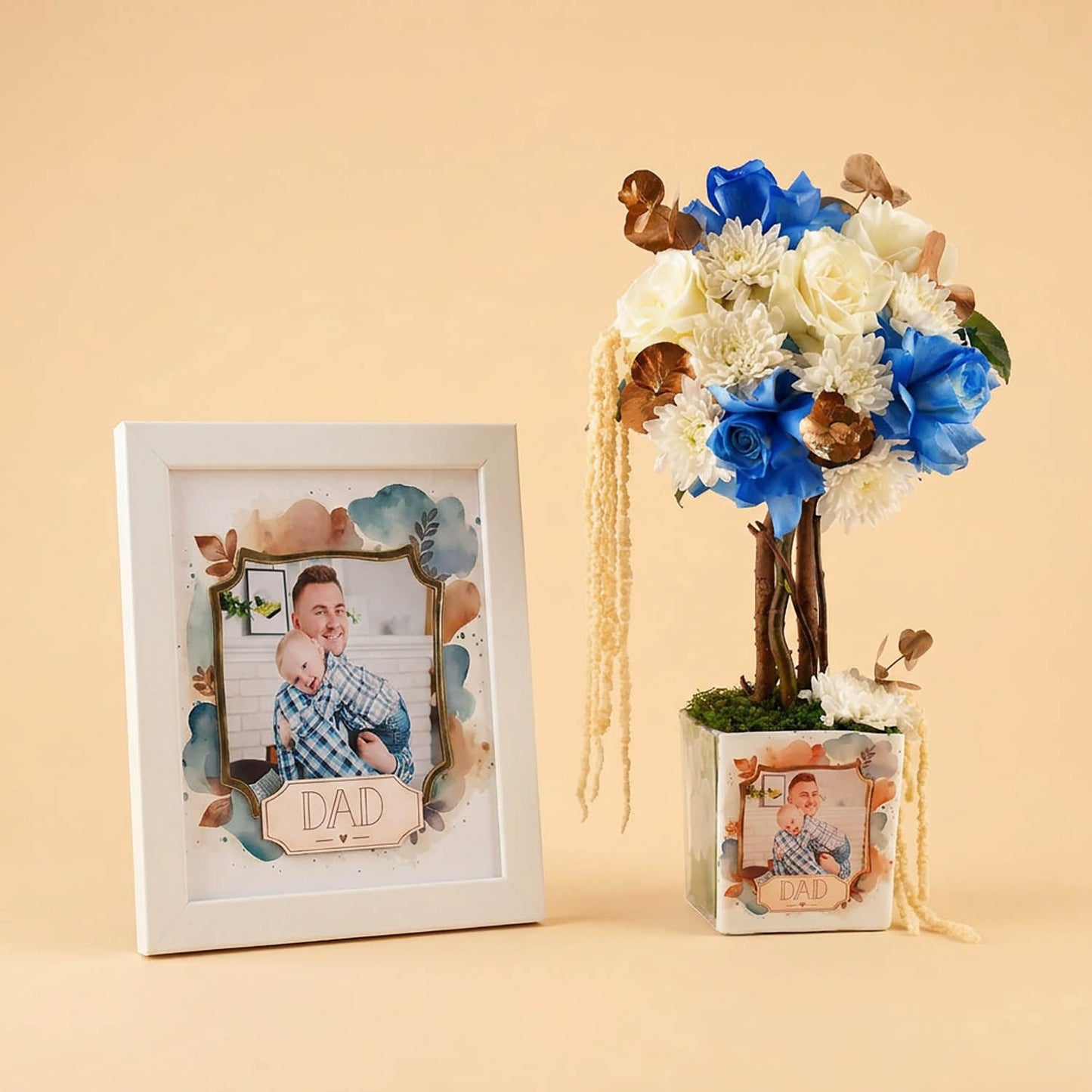 Family Photo Frame with Blue Rose Bouquet