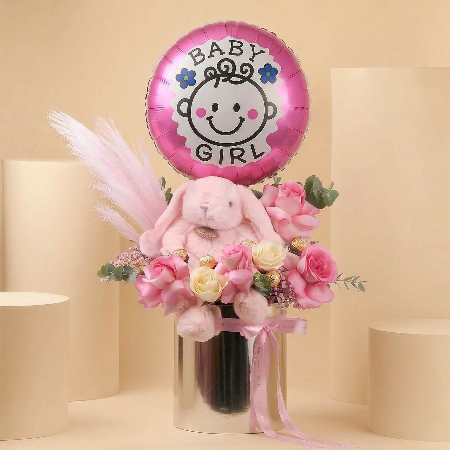 New Baby Girl Bloom Box with Pink Balloon