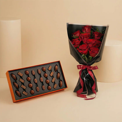 La Merna Chocolate Box with Red Roses Bouquet 