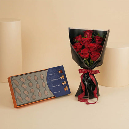 La Merna Chocolate Box with Red Roses Bouquet 