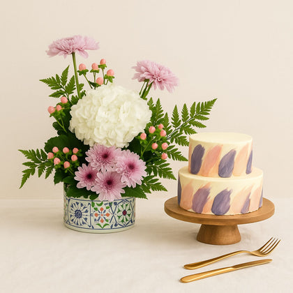 Flower Vase n Two Layer Red Velvet  Cake Combo
