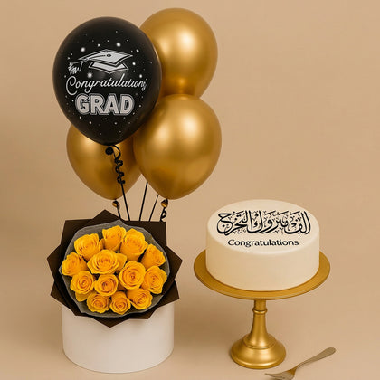 Graduation Congrats Cake With Roses n Balloons