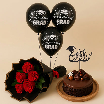 Graduation Chocolate Cake With Flowers n Helium Balloons
