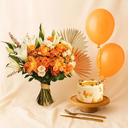 Orange Bouquet with Cake & Balloons