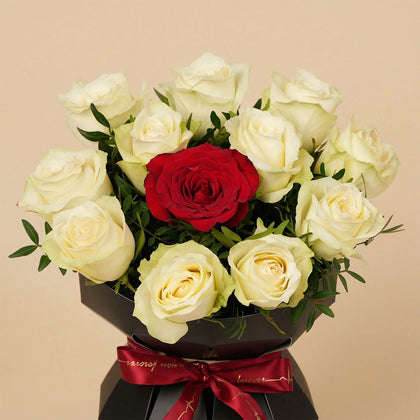 Single Red Rose n White Flower Bouquet