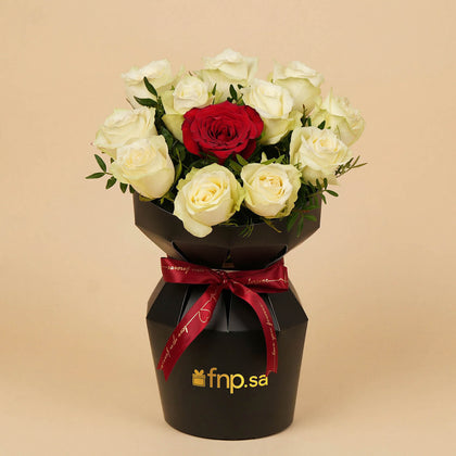 Single Red Rose n White Flower Bouquet