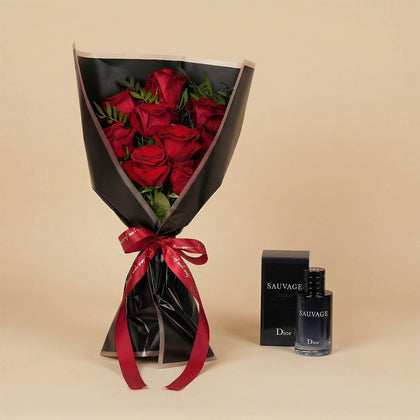 Red Rose Bouquet with Sauvage Perfume For Men