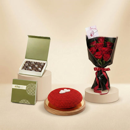 Red Rose Bouquet with Valentine Cake n Chocolate