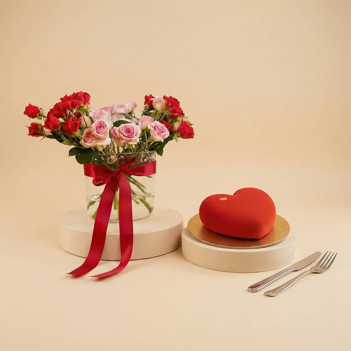 Valentine Roses Vase with Heart-shape Cake