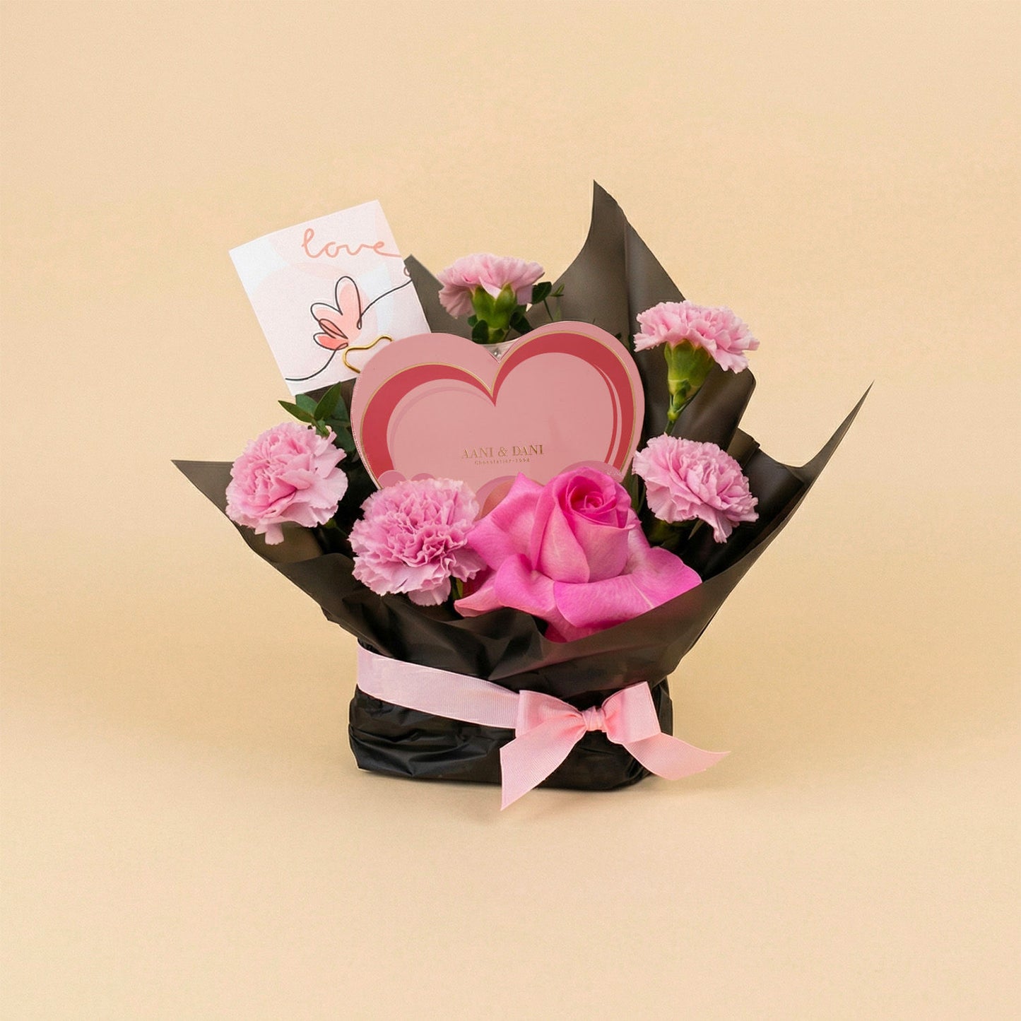 Heart-shaped AANI & DANI Chocolate with Pink Flowers