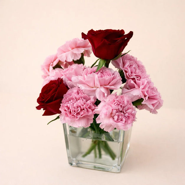 Valentine Red Roses & Carnation Flower Vase