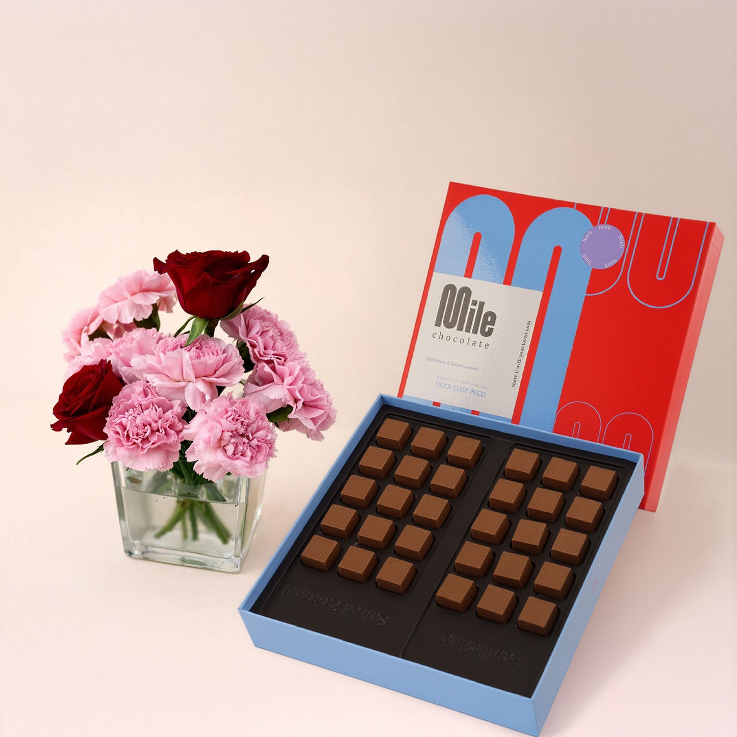 Valentine Mile Chocolate with Red Rose & Carnation Vase
