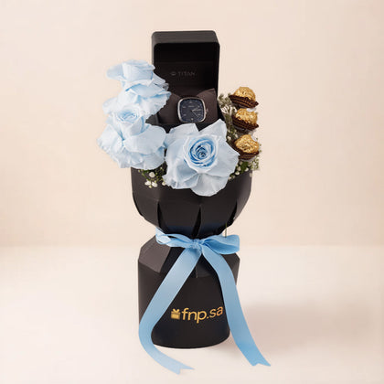 Blue Flowers with Chocolates & Titan Watch for Him