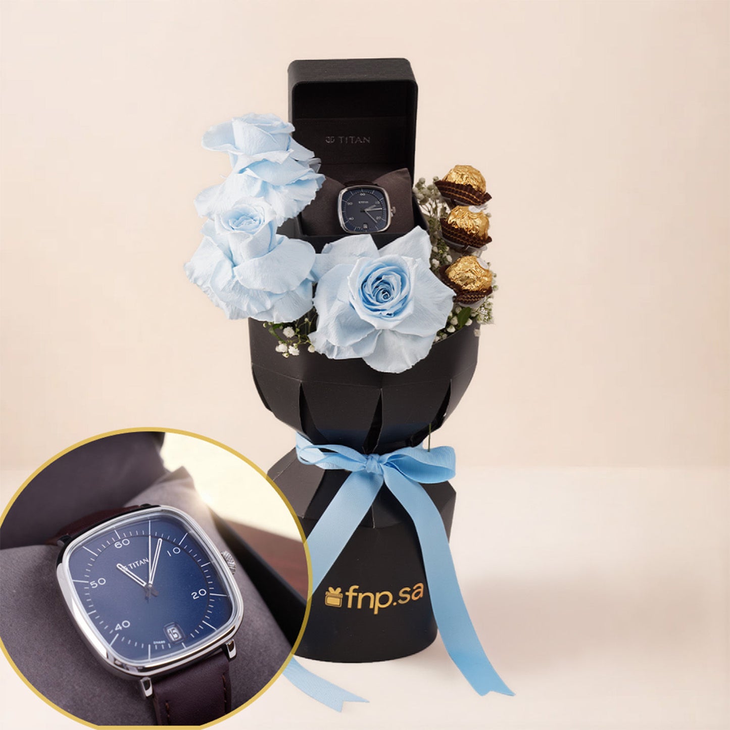 Blue Flowers with Chocolates & Titan Watch for Him