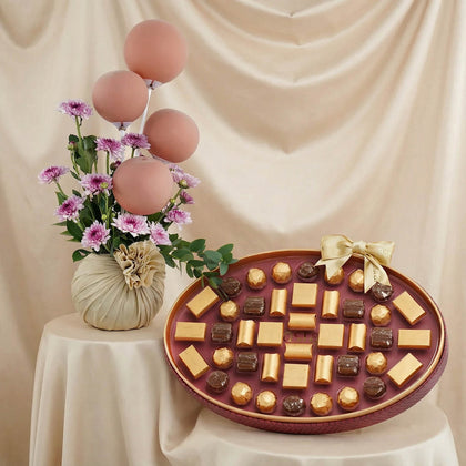Bostani Chocolate Leather Box with Flower Vase n Balloons
