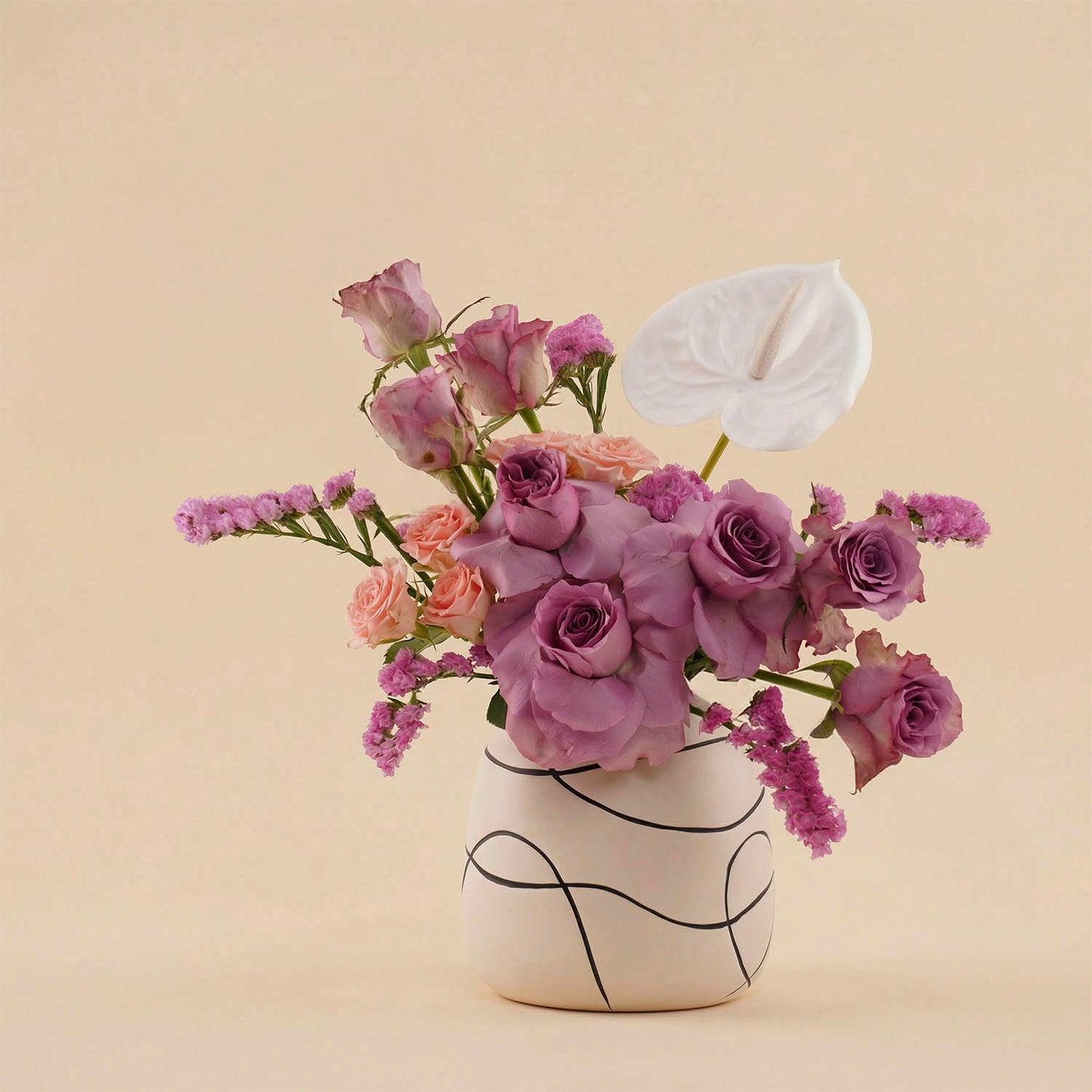 Purple Roses Vase with White Anthurium