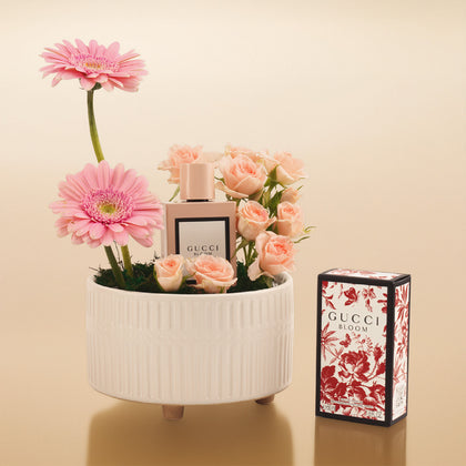 Gucci Bloom Perfume For Her with Pink Flowers Vase