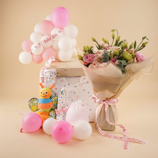 Baby Girl Hamper with Flowers n Balloons