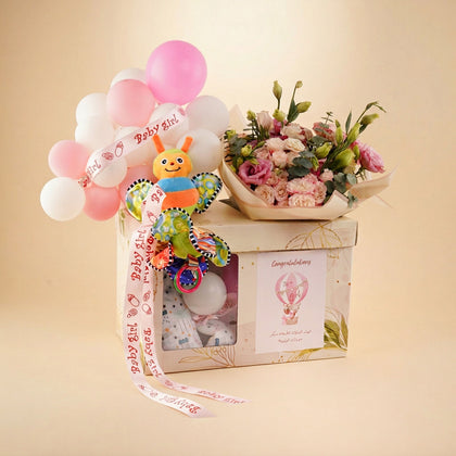 Baby Girl Hamper with Flowers n Balloons