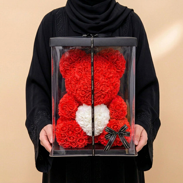 Artificial Rose Teddy Bear with White Heart