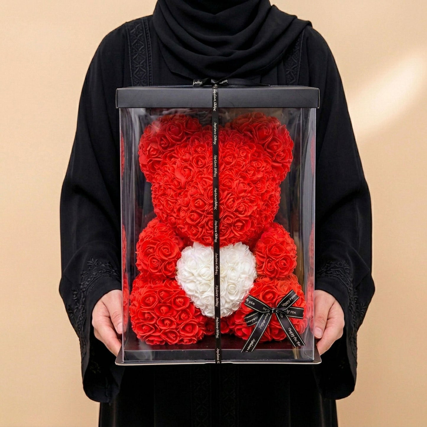 Artificial Rose Teddy Bear with White Heart