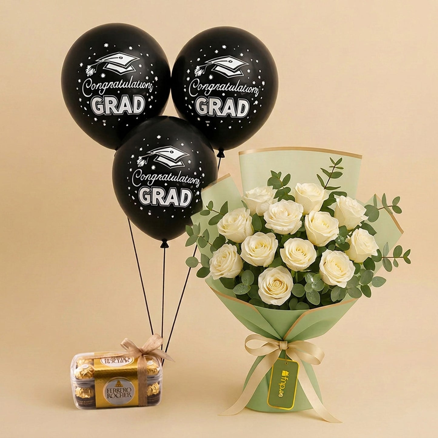 White Roses With Ferrero Chocolates n Graduation Balloons 