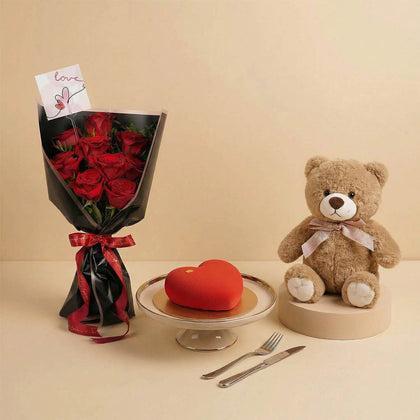 Red Rose Bouquet with Valentine Cake n Teddy