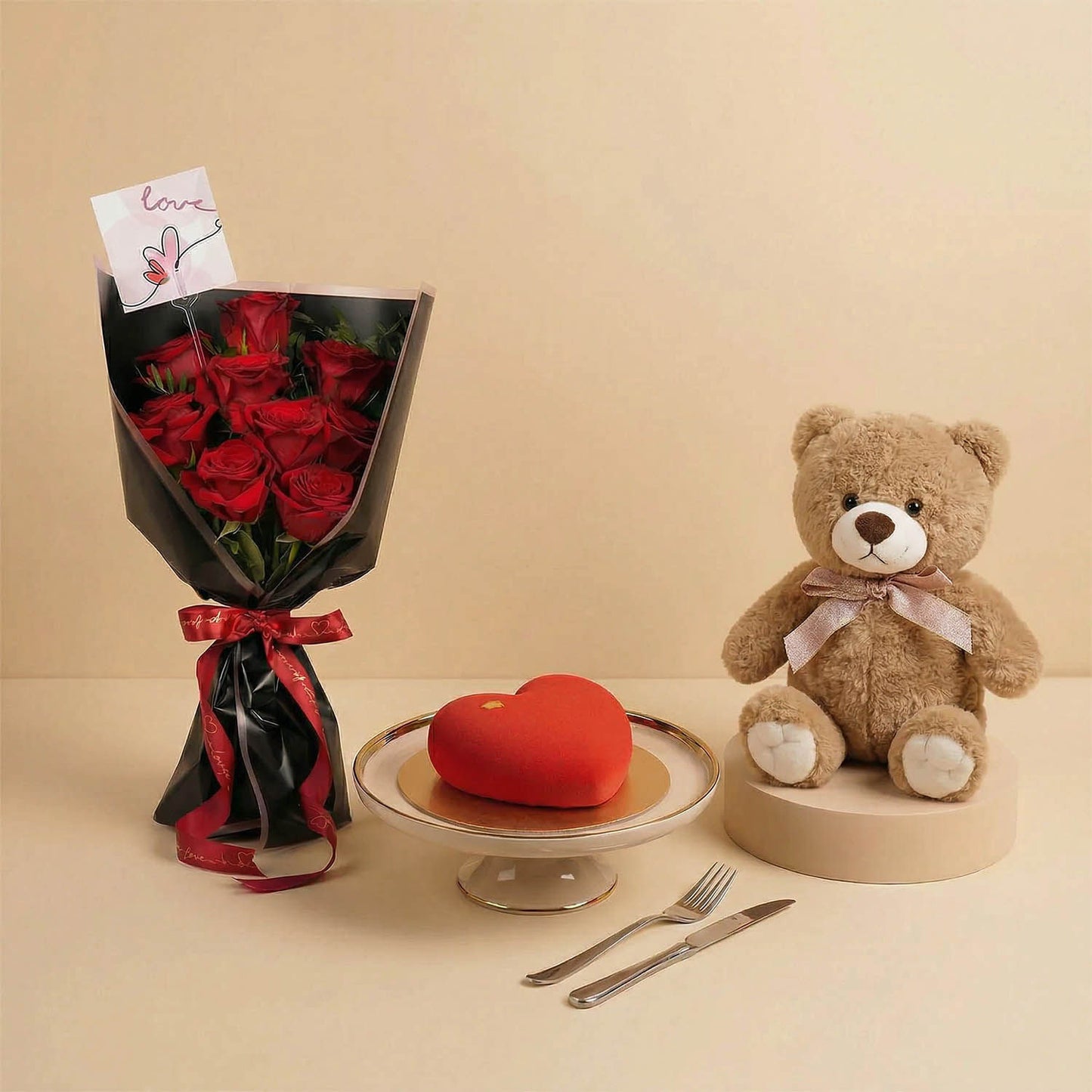 Red Rose Bouquet with Valentine Cake n Teddy