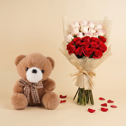 Blush of Love Roses n Teddy Bear