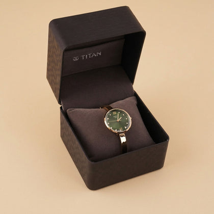 Titan Raga Showstopper Green Dial Gold Metal Strap Watch for Women