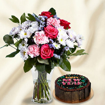 New Year Chocolate Cake n Colorful Flower Vase