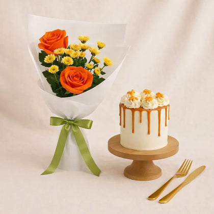Chrysanthemum & Roses Bouquet n Cake Combo