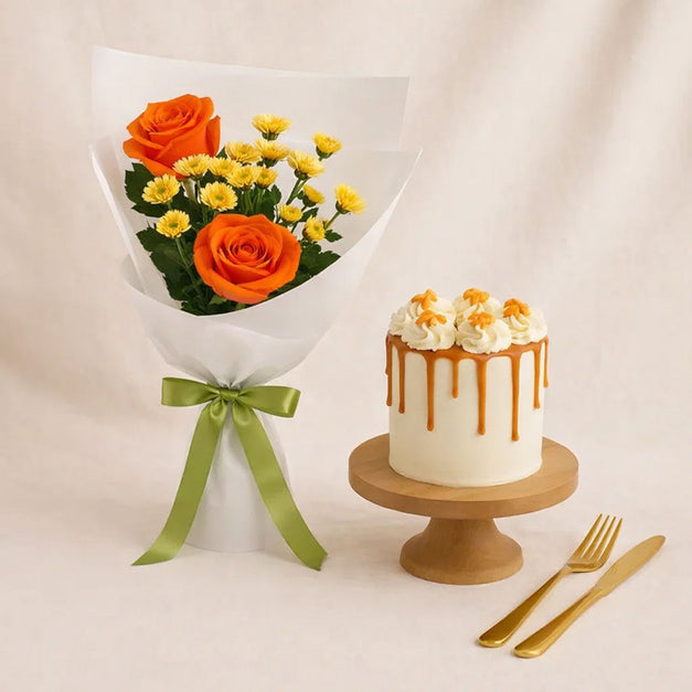 Chrysanthemum & Roses Bouquet n Cake Combo