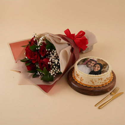 Photo Cake n Red Roses Flower Bouquet