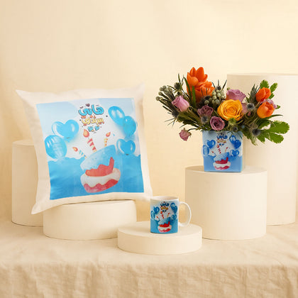 Happy Birthday Flower Vase With Mug n Cushion
