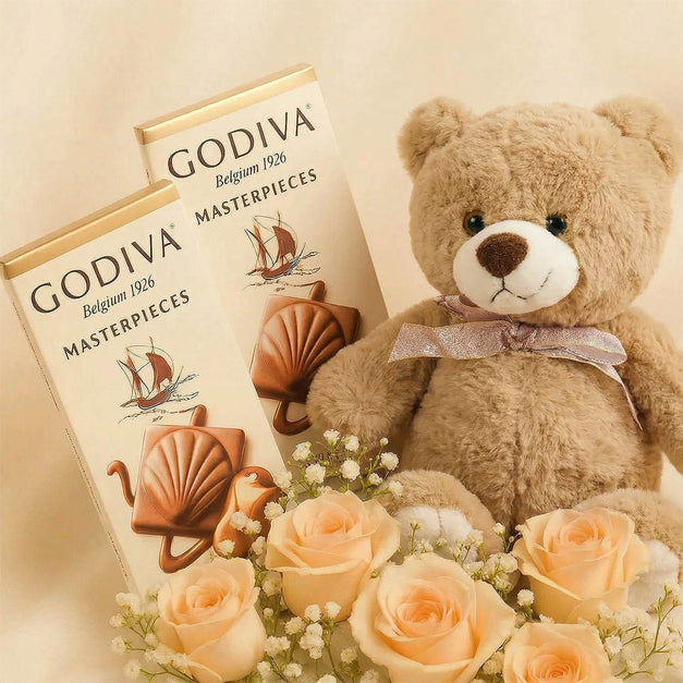 Godiva Chocolate Rose Basket n Teddy Bear
