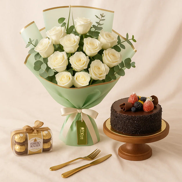 Elegant White Rose Bouquet Combo