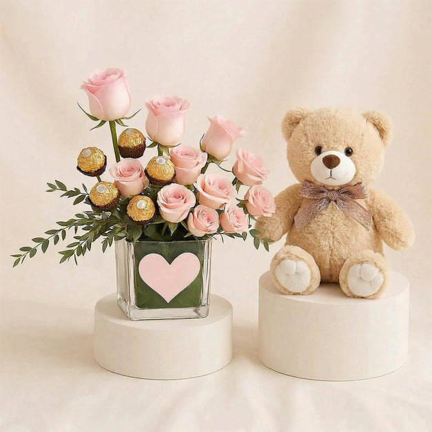 Pink Bliss | Baby Rose With Chocolates n Cute Teddy Bear 