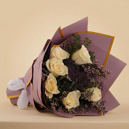 Purple Touch White Roses Bouquet