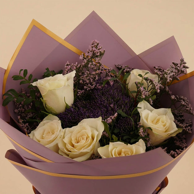 Purple Touch White Roses Bouquet
