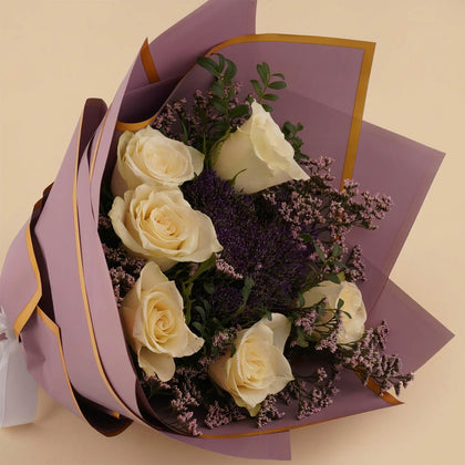Purple Touch White Roses Bouquet