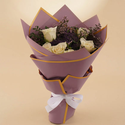 Purple Touch White Roses Bouquet