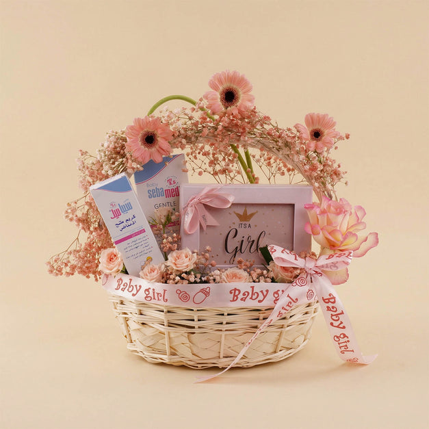 New Baby Girl Basket | Flowers with Bostani Chocolate