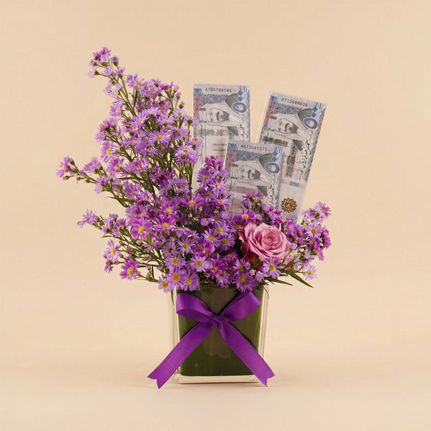 Purple Elegance Vase with Stylish Cash Arrangement