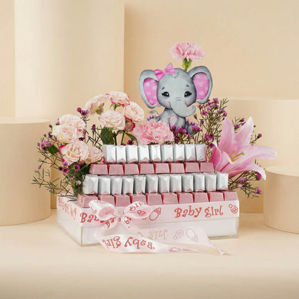Luxury Floral N Chocolate Arrangement Baby Girl Congratulations