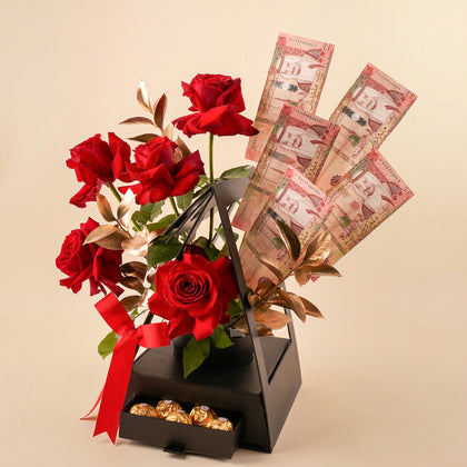 Red Roses Rochers and SAR500 Money Arrangement